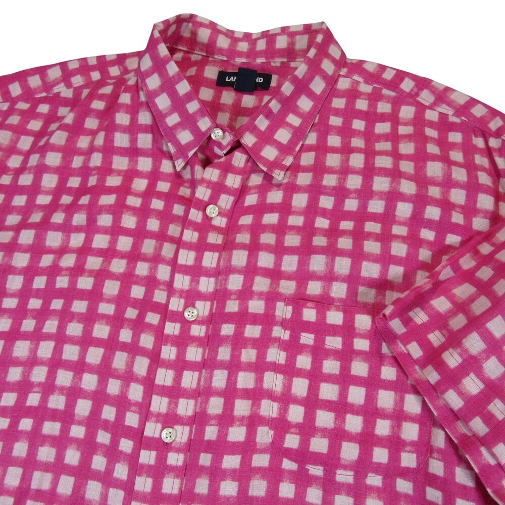 Lands' End Mens Button Down Shirt 2XL Traditional Fit Pink‎ Check 100% Linen